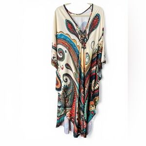 Colorful Paisley kaftan  Dress - Teal, Red & Cream one size